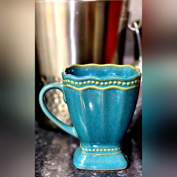 Elegant Blue Stoneware Roscher Collection "Hobnail" Teal/Yellow 20oz Mug! ☕️ - Picture 1 of 7